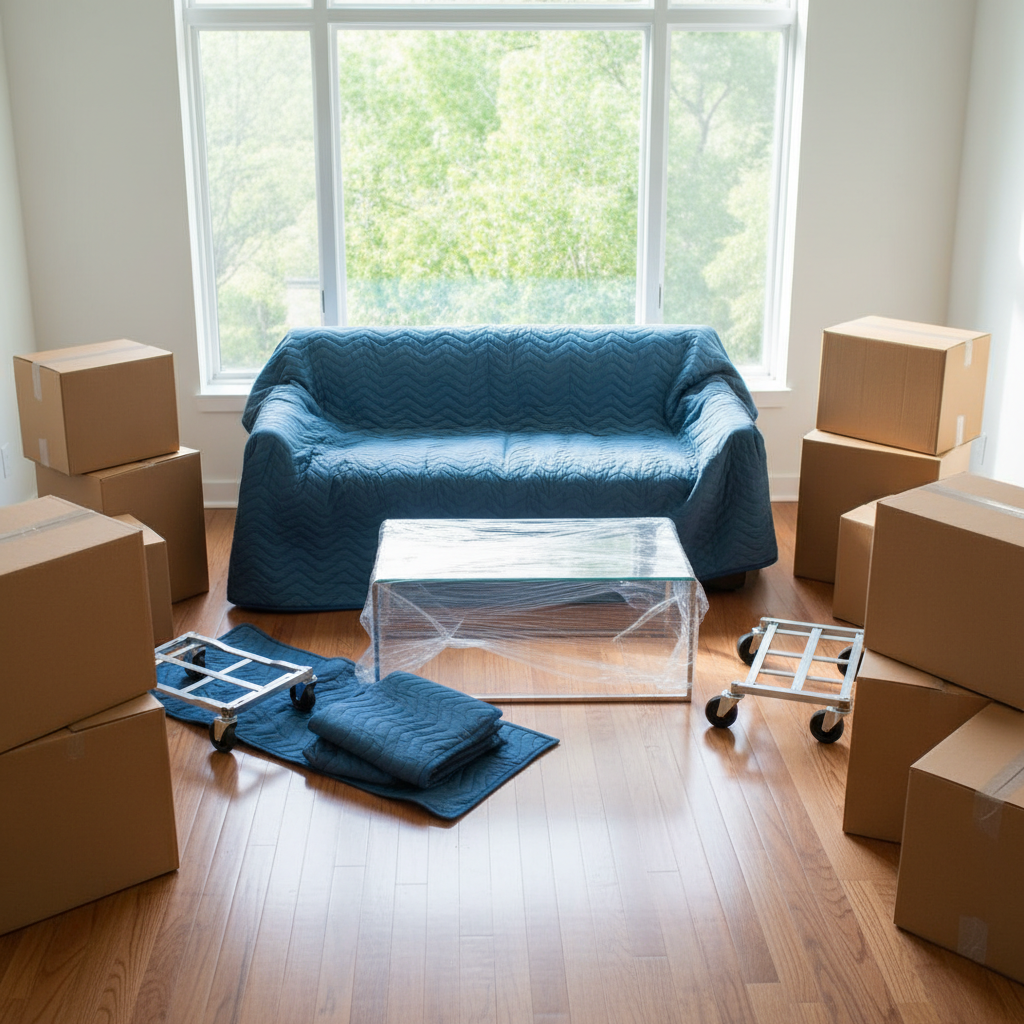 A bright, modern living room with sturdy cardboard boxes arranged in orderly clusters on a pristine wood floor, a wrapped sofa and protected glass coffee table nearby, sunlight streaming through a wide window.