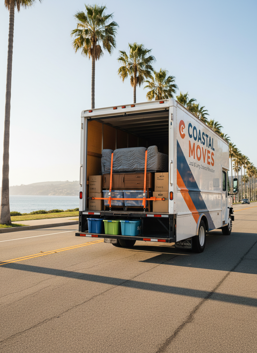 A clean, modern moving truck parked along a palm-lined Orange County street with the ocean on the horizon, the open side door revealing perfectly aligned rows of strapped-in furniture and labeled boxes in warm golden hour light.