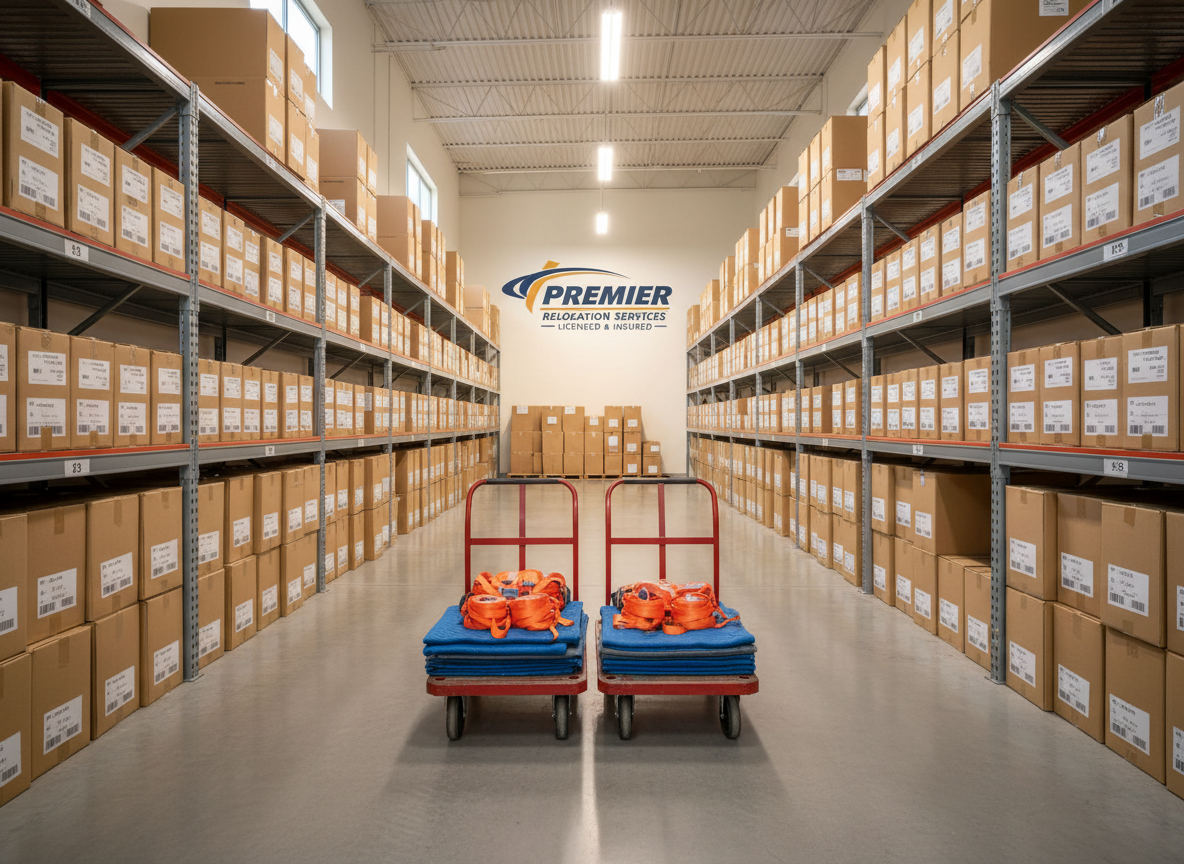 A spacious, sunlit storage unit or warehouse aisle shows tall metal shelving lined with neatly stacked, uniform cardboard boxes, clearly separated into sections. On the smooth concrete floor, two flatbed dollies, coiled moving straps, and folded moving blankets are positioned in an orderly fashion, ready for use. Overhead fluorescent lighting blends with soft natural light from a high side window, creating even illumination with minimal shadows. Photographic realism with a centered, eye-level composition and sharp focus throughout emphasizes cleanliness, structure, and efficiency, reflecting a licensed, insured moving company that takes meticulous care of customers’ belongings.